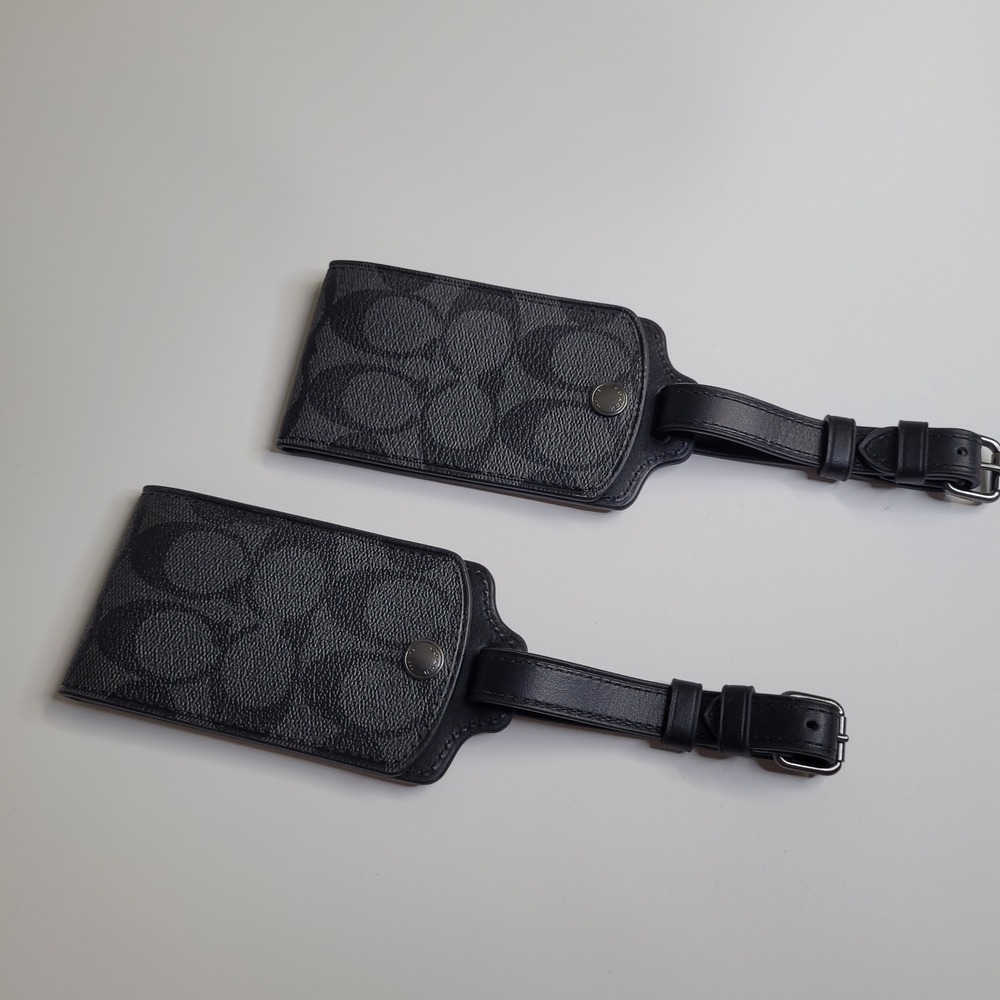 Coach Signature Canvas Luggage Tags Set of 2 Charcoal Black Leather Travel ID - Picture 9 of 9